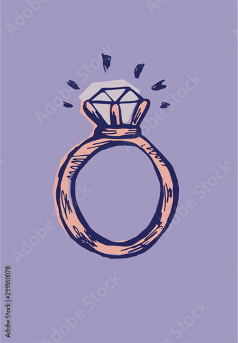 A ring with a diamond. Hand drawn color doodle illustration. EPS 10 vector