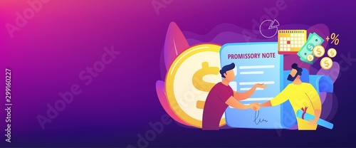 Promise to pay. Money borrowing document. Credit deal, legal contract. Promissory note, commercial paper form, simple loan agreement concept. Header or footer banner template with copy space.. photo