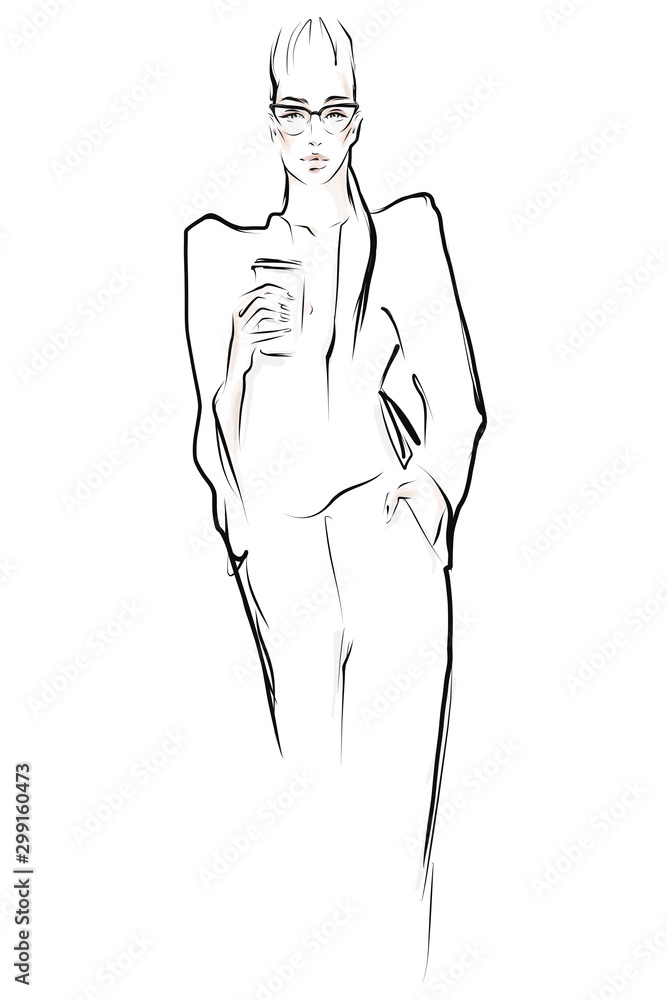 Fototapeta premium Young stylish woman in glasses. Hand-drawn portrait of beautiful girl with сup of coffee. Fashion illustration in sketch style. Vector