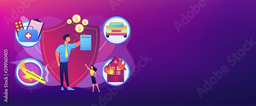 Private property, transport and life protection. Insurance broker, insurance brokerage services, insurance agent near you concept. Header or footer banner template with copy space.
