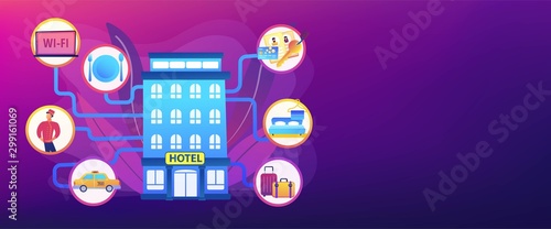Luxurious inn, accommodation booking. Free wifi, room cleaning. Hospitality management, hotels business processes, hotel management system concept. Header or footer banner template with copy space.