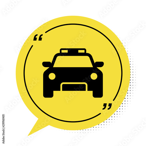 Black Police car and police flasher icon isolated on white background. Emergency flashing siren. Yellow speech bubble symbol. Vector Illustration