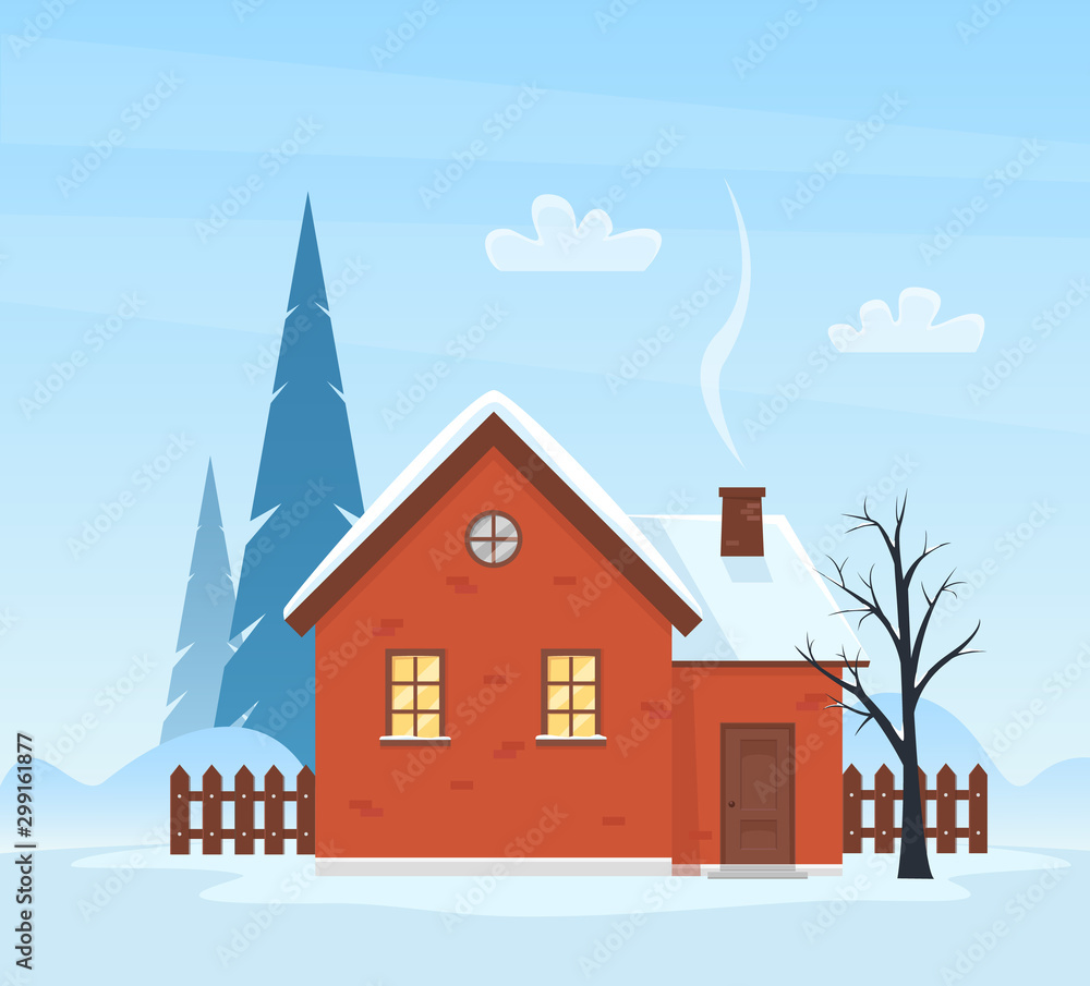 Winter landscape with red country house. Rural landscape. Cartoon vector illustration, flat style. 