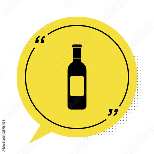 Black Bottle of wine icon isolated on white background. Yellow speech bubble symbol. Vector Illustration