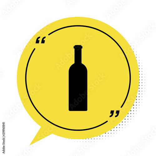 Black Bottle of wine icon isolated on white background. Yellow speech bubble symbol. Vector Illustration