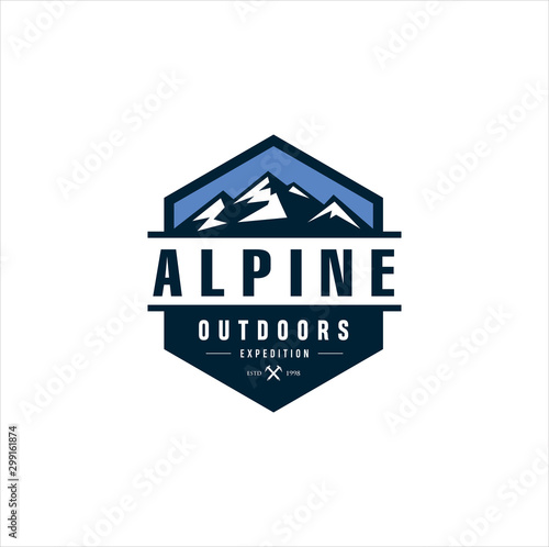 Alpine Mountain Adventure logo . Mountain Outdoor Logo Design ,Hiking, Camping, Expedition And Outdoor Adventure Exploring Nature emblem badge