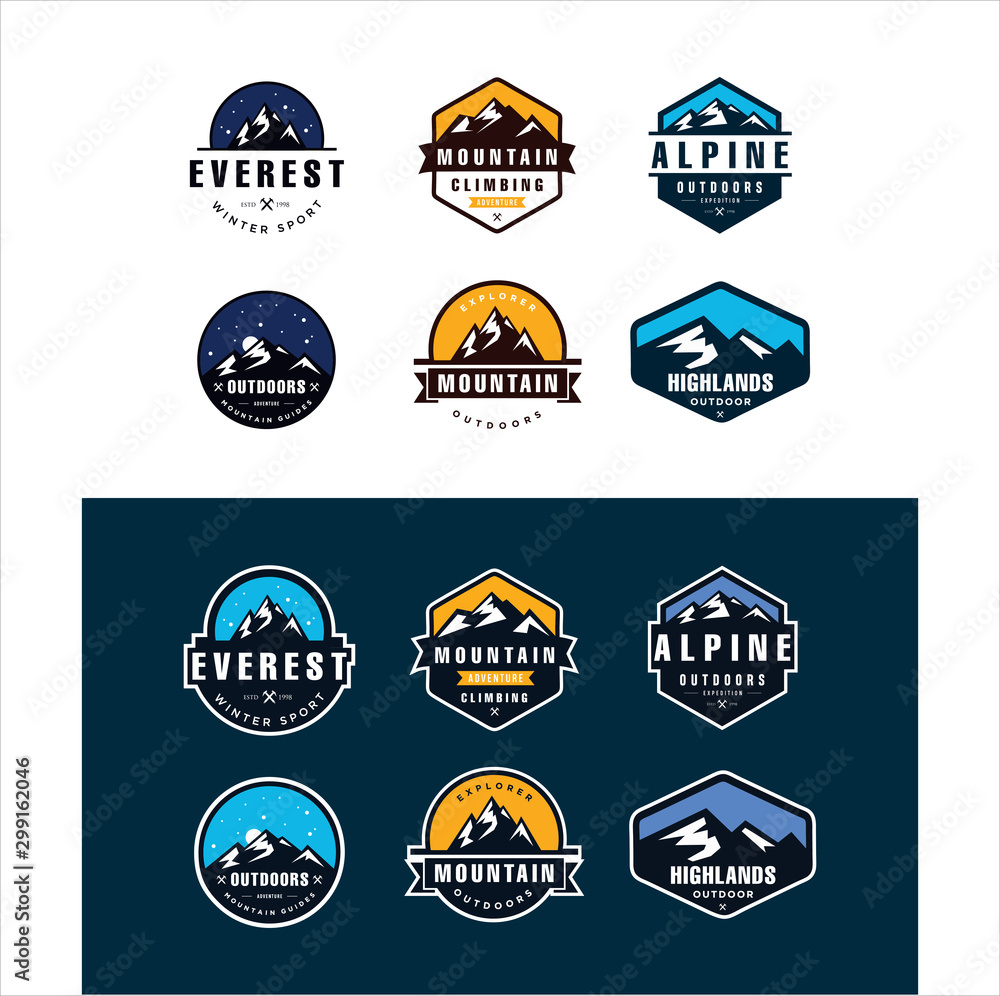 Set Of Logo Mountain, Badges, Banners, Emblem For Mountain, Hiking, Camping, Expedition And Outdoor Adventure. Exploring Nature.