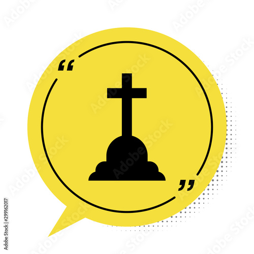 Black Tombstone with cross icon isolated on white background. Grave icon. Yellow speech bubble symbol. Vector Illustration