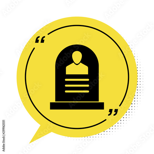 Black Tombstone with RIP written on it icon isolated on white background. Grave icon. Yellow speech bubble symbol. Vector Illustration