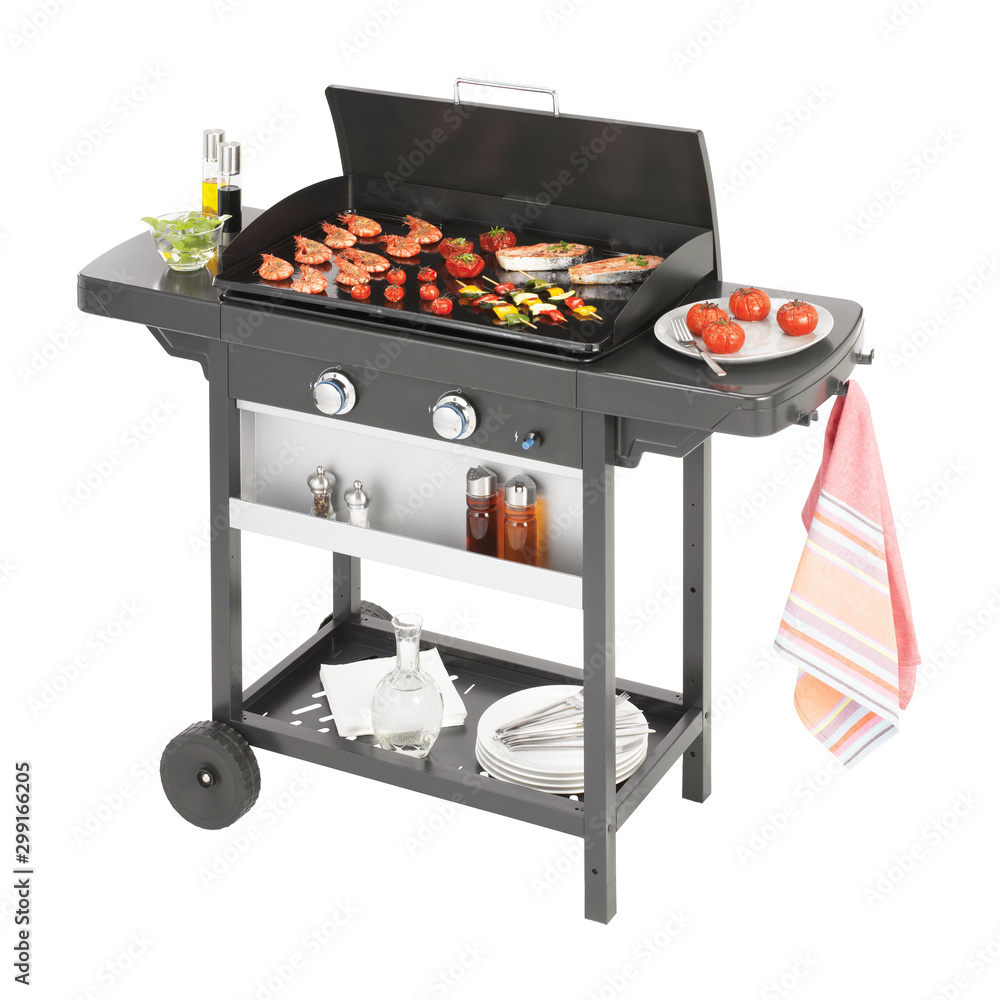 BBQ Grill with Food Isolated on White Background. Barbecue Gas Grill. Black  BBQ Grillware Gas Grill. Outdoor Grill Table. Outdoor Cooking Station foto  de Stock | Adobe Stock