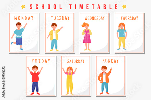 School timetable vector template. Children weekly planner empty pages concept design with flat illustrations. Happy boys and girls cartoon characters. Pupils schedule, personal organizer layout