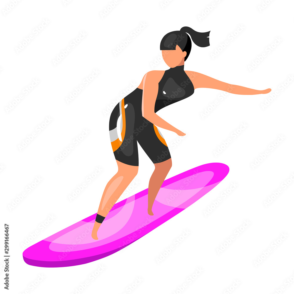 Surfing flat vector illustration. Extreme sports experience. Active lifestyle. Summer vacation outdoor fun activities. Sportswoman balancing on surfboard isolated cartoon character on white background