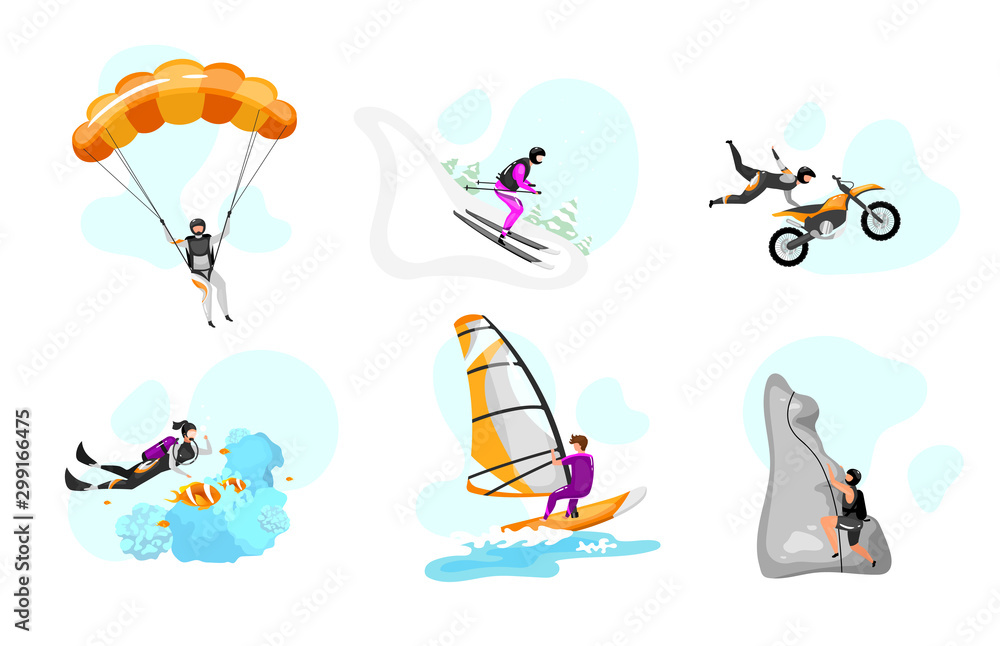 Extreme sport flat vector illustrations set. Parachuting, hang gliding.  Surfing, scuba diving. Downhill skiing. Rock climbing. Motorcycle stunts.  Outdoor activity isolated cartoon characters Stock Vector | Adobe Stock