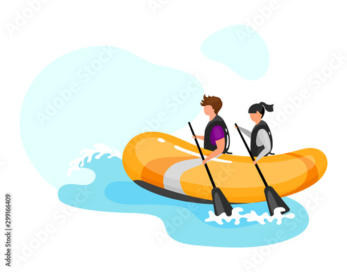 Couple on boat flat vector illustration. Extreme sports experience. Active lifestyle. Summer outdoor fun activities. Ocean turquoise waves. Sportsman isolated cartoon character on blue background