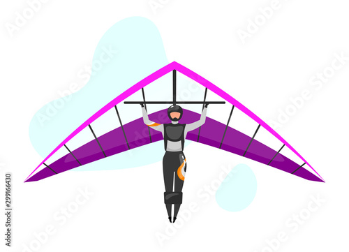 Hang gliding flat vector illustration. Skydiving, paragliding experience. Extreme sports. Active lifestyle. Outdoor activities. Sportsman isolated cartoon character on blue background