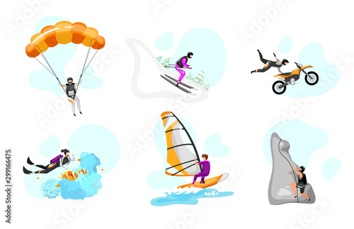 Extreme sport flat vector illustrations set. Parachuting, hang gliding. Surfing, scuba diving. Downhill skiing. Rock climbing. Motorcycle stunts. Outdoor activity isolated cartoon characters
