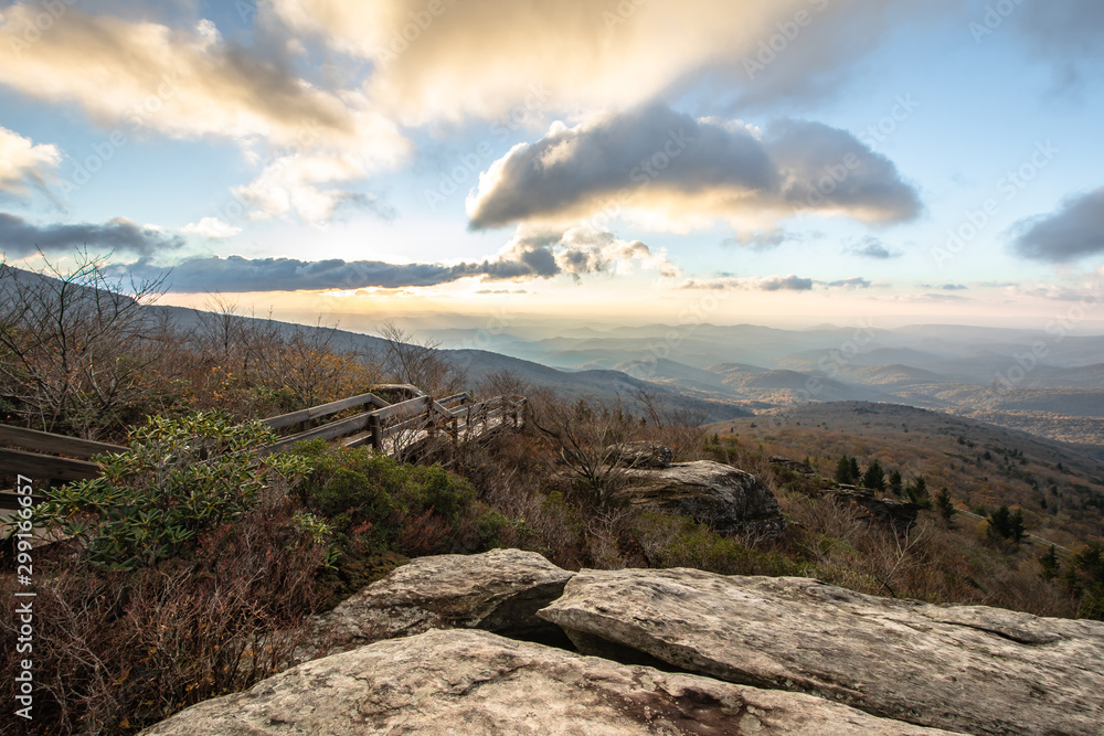 A Dramatic view from Rough Ridge Lookout , Blue Ridge Parkway in fall season.