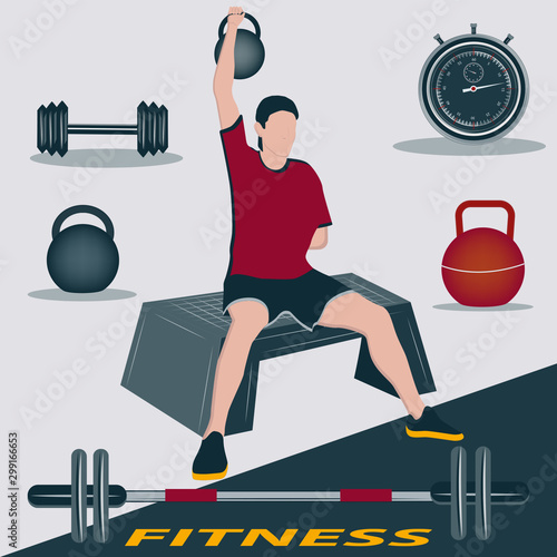Weightlifting. Athlete lifts a kettlebell with one hand while sitting on a stand, barbell, kettlebell, stopwatch, dumbbell - vector. Sport Club.