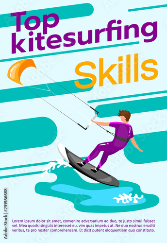Top kitesurfing skills poster vector template. Watersport. Brochure, cover, booklet page concept design with flat illustrations. Extreme sport. Advertising flyer, leaflet, banner layout idea