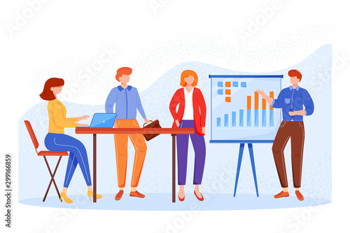 Business meeting flat vector illustration. Office worker presenting report. Teamwork concept. Brainstorming for ideas. Company strategy discussion. Faceless cartoon characters in conference room