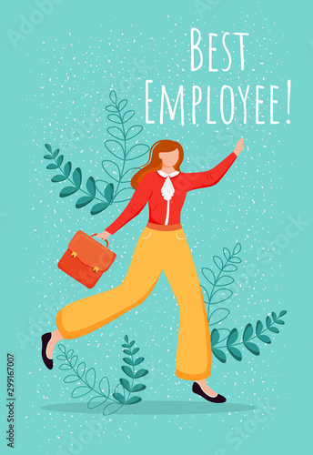 Best employee poster vector template. Top performer greeting card, certificate design with flat female cartoon character. Positive company culture. Reward for good work. Staff effectiveness incentive