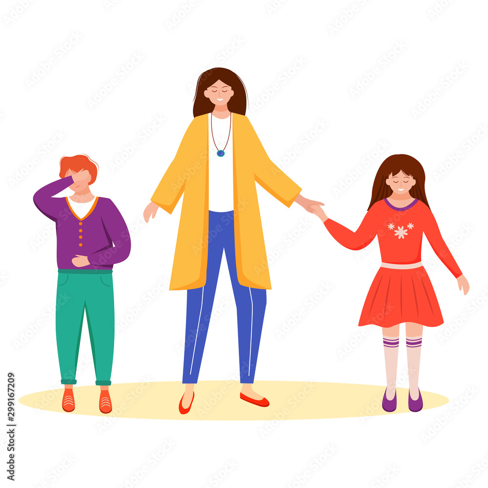 Trouble relationship flat vector illustration. School pupils communication. Conflict between children. Teacher, parent as a mediator. Solving dispute isolated cartoon characters on white background