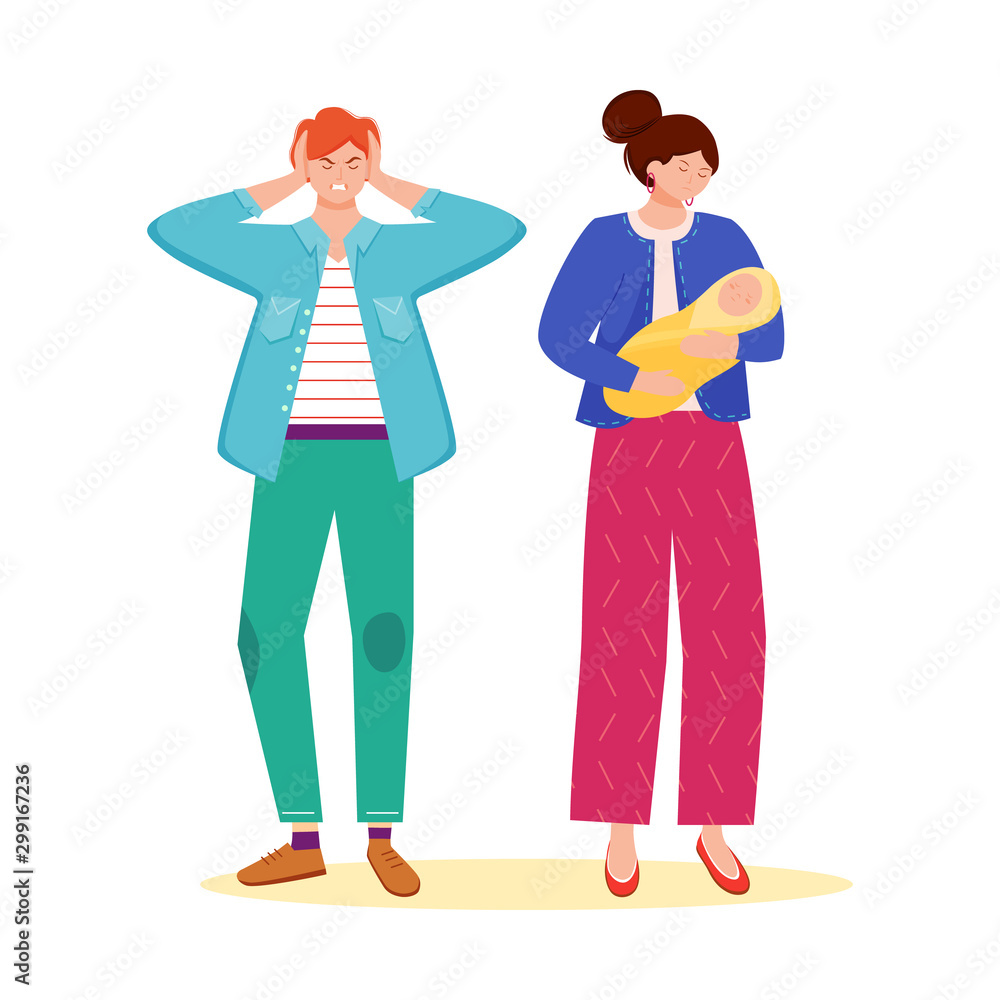 Trouble relationship flat vector illustration. Family problem. Married couple conflict. Misunderstanding between husband and wife. Marriage with baby isolated cartoon character on white background