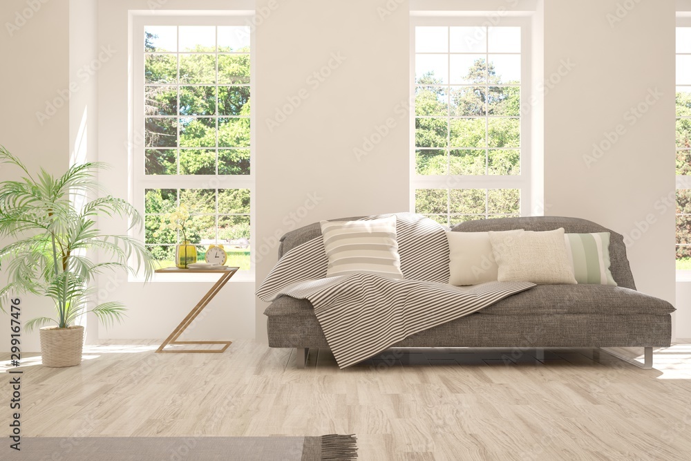 Stylish room in white color with sofa and summer landscape in window. Scandinavian interior design. 3D illustration Stylish room in white color with sofa and summer landscape in window. Scandinavian interior design. 3D illustration