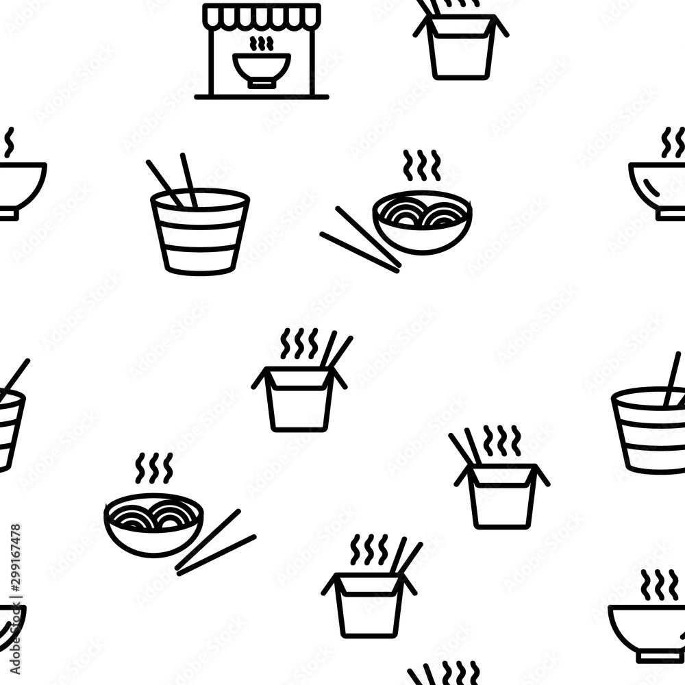 Ramen Spaghetti Food Vector Seamless Pattern Thin Line Illustration