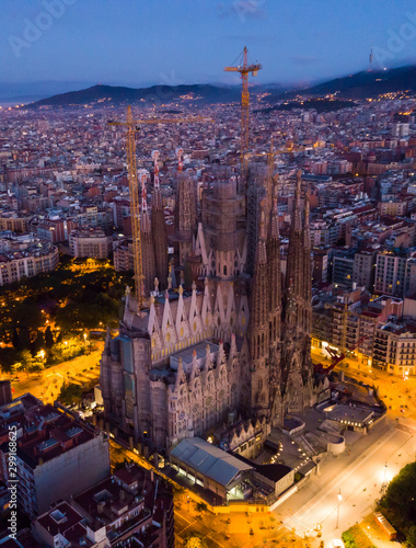 Barcelona, Spain - June 12, 2019: Temple Sagrada Familia at night from a drone. Barcelona