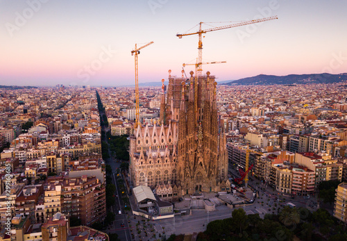 Barcelona, Spain - June 13, 2019: Night view from dorne of the famous Spanish landmark - temple Sagrada familia
