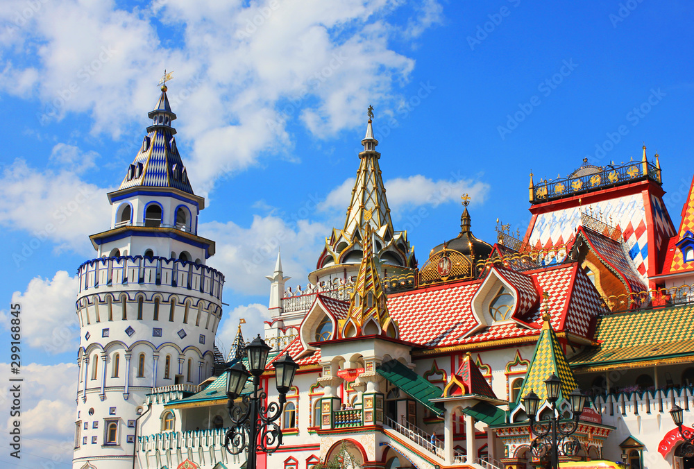 Izmailovsky Kremlin colorful architecture in Moscow, Russia. Entertainment center and old town market on sunny summer day