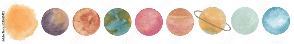 Solar system planets set. Space banner with sun, mercury, venus, earth, mars, jupiter, saturn, uranus, neptune. Watercolor hand drawn abstract elements isolated on white background. Solar system planets set. Space banner with sun, mercury, venus, earth, mars, jupiter, saturn, uranus, neptune. Watercolor hand drawn abstract elements isolated on white background.