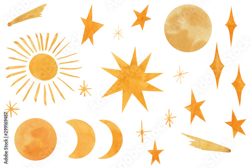 Sky set with yellow stars, moon, sun, comet. Watercolor hand drawn space elements isolated on white background