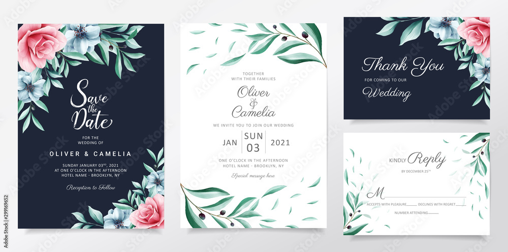 Navy blue wedding invitation card template set with watercolor flowers ...