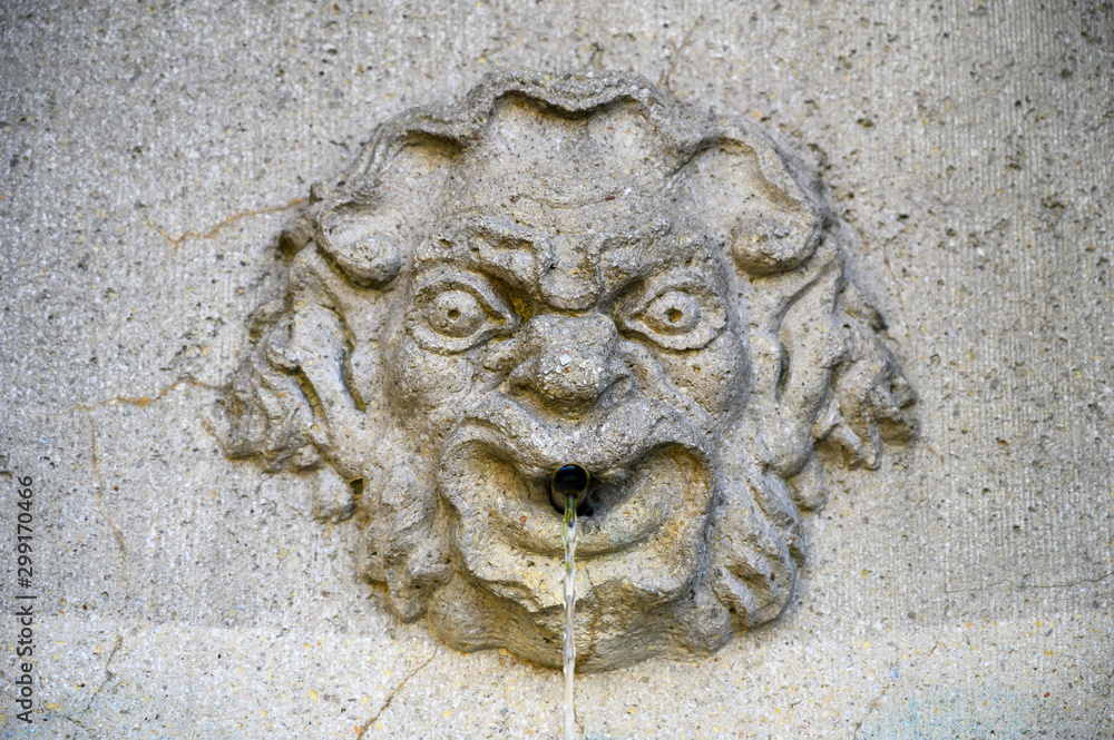 a stone face in an old fountain