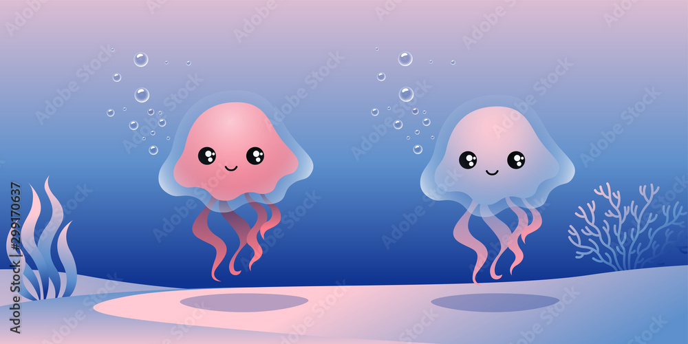 Vector illustration of cute jellyfish on a pink blue background with seaweed