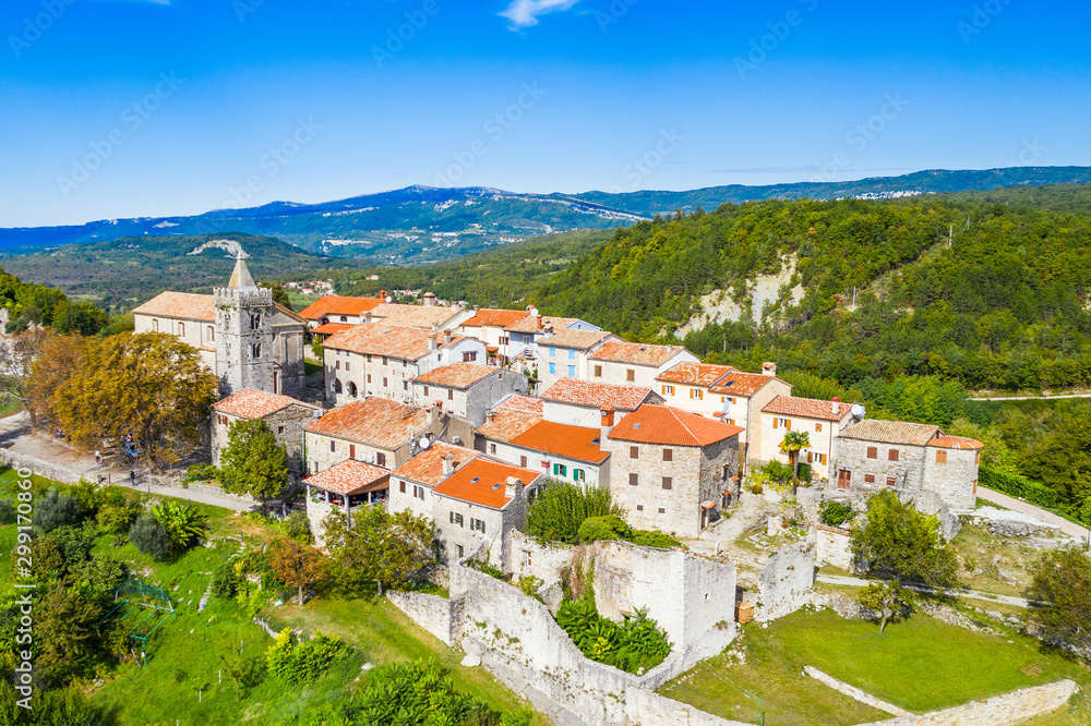 Beautiful old town of Hum on the hill in Istria, Croatia, aerial view from drone