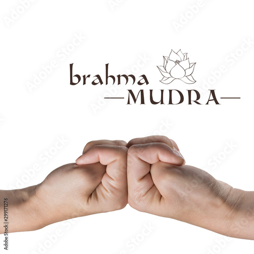 Brahma mudra. Yogic hand gesture on white isolated background.