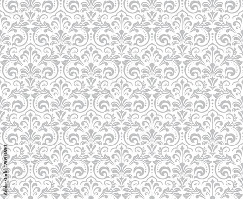 Wallpaper in the style of Baroque. Seamless vector background. White and grey floral ornament. Graphic pattern for fabric, wallpaper, packaging. Ornate Damask flower ornament.