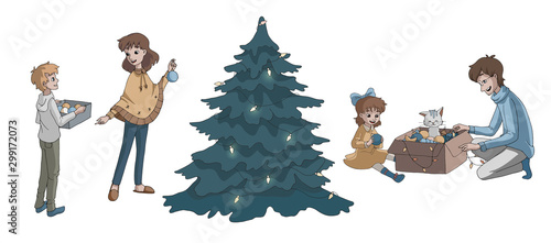 Dad and daughter unpack a box with tree toys. Mother and son decorate the Christmas tree. Family getting ready for Christmas. Isolated objects on white background. Decor elements for kids products. 