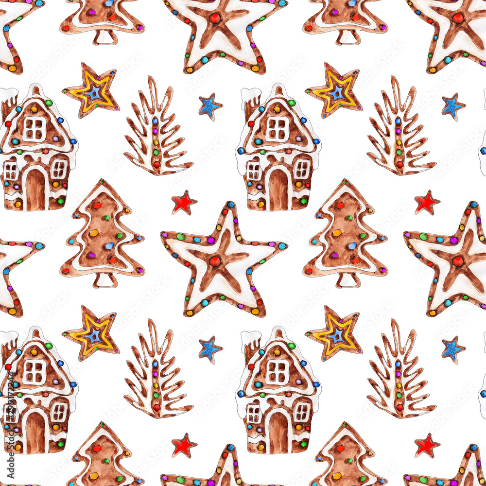 Christmas Gingerbread cookies candies dragee lollipop watercolor hand drawn artistic vintage seamless pattern Christmas Gingerbread cookies candies dragee lollipop watercolor hand drawn artistic vintage seamless pattern