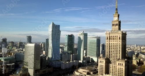 Aerial view of Palace of Culture and Science in Warsaw, Poland on a sunny day.  photo