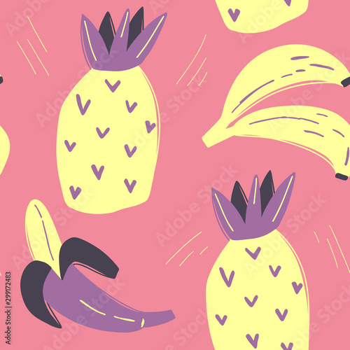 Seamless pattern with pineapples and bananas. Modern textile, baby wallpaper,...