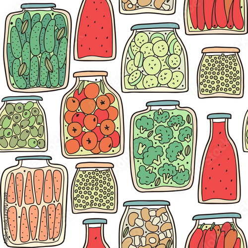Seamless pattern with collection of glass jars with homemade canning. Autumn marinate food. Healthy meal set. Hand-drawn cartoon illustration.