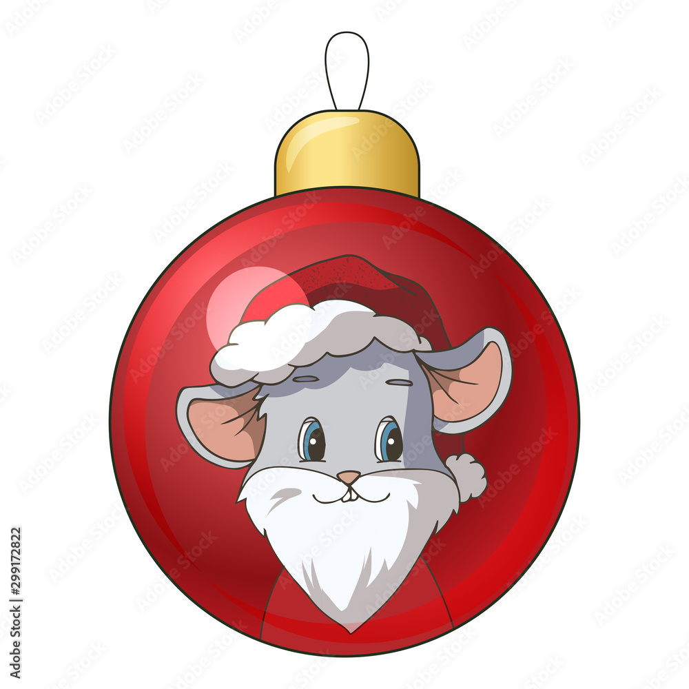 Christmas ball with drawing cartoon mouse (rat) wearing Santa Claus  costume. Isolated objects on white background. Decor element for gift card,  kids products. Vector illustration. Stock Vector | Adobe Stock