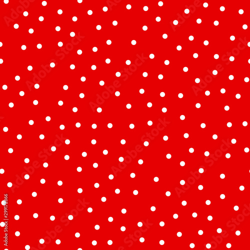 Random scattered polka dot pattern, abstract red and white background, white dots on red.
