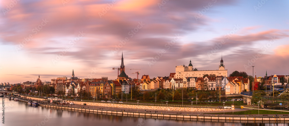 Szczecin visible from the entry route to the city in the light of sunrise.Poland