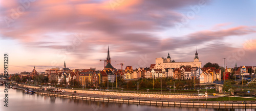 Szczecin visible from the entry route to the city in the light of sunrise.Poland