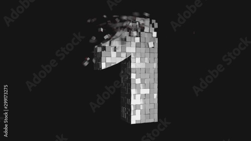 Transformer font - Build and destroy number one 1 from metallic cubes, 3D number animation on dark and chroma key green screen background in 4K	